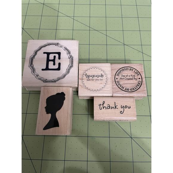 Wood Stamp Lot ~Handmade By ~Thank You ~E ~Woman Silhouette~Crafted By Hand - Picture 1 of 4